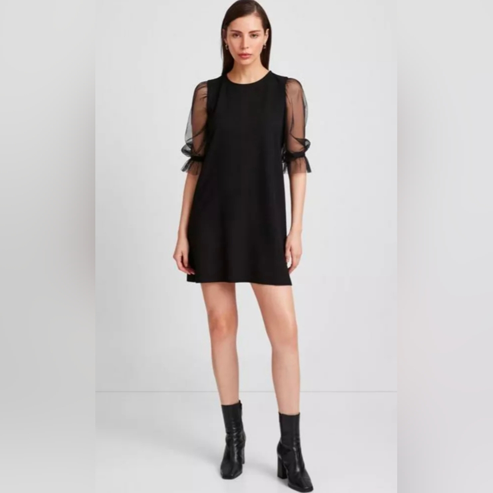 Marcella Bellerose Black A-line Mini Dress w/ Sheer Mesh Poet Sleeves Size M / L